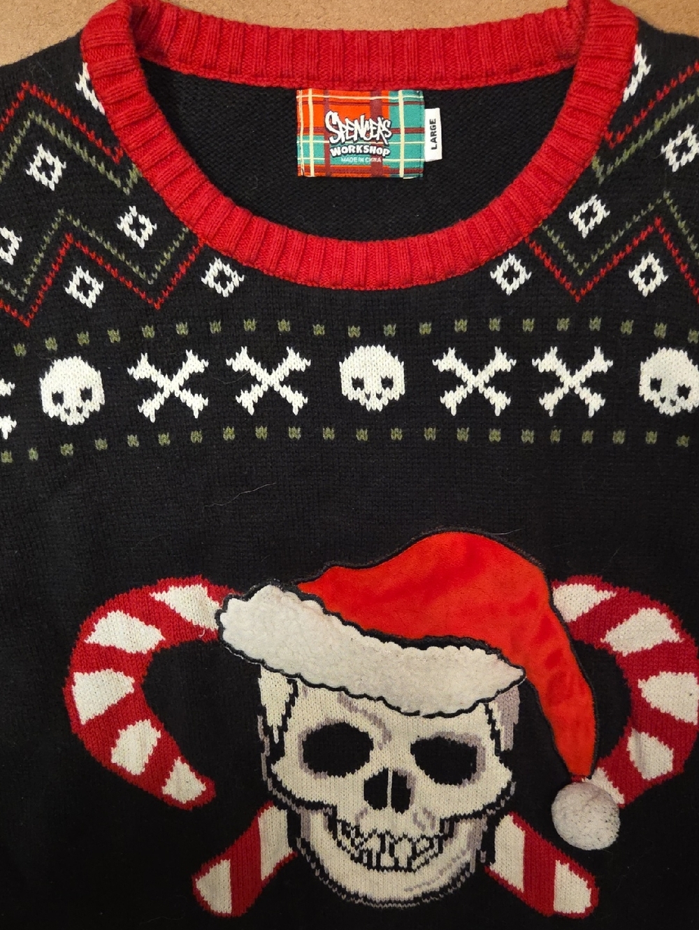 Spencer's Black & Red Skull Candy-Cane Crewneck Sweater
